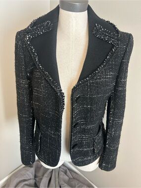 Ann Taylor Black Tweed Fringed-Trim Blazer